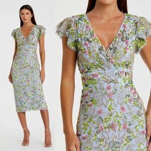 NWT Mac Duggal Blue Floral Sequin Embellished Flutter Cap Sleeve Dress - Size 14